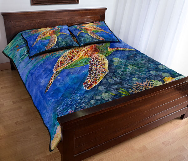 Turtle Sea Watercolor Colorfull Style Quilt Bed Set - Love Quilt Bedding Set