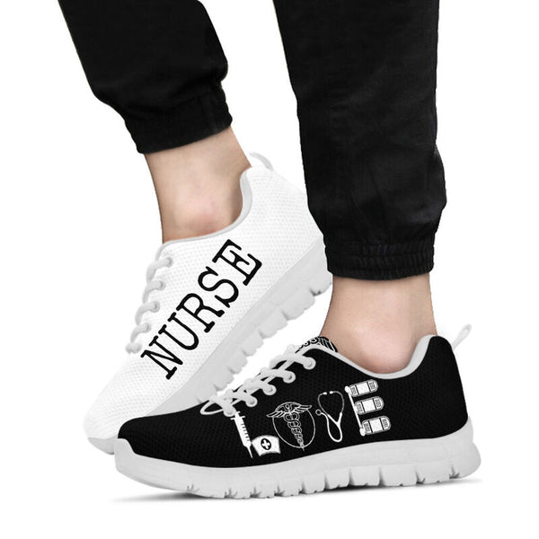 Nurse- Love Black White Sneakers, Running Shoes, Shoes For Women, Shoes For Men, Custom Shoe- Love Sneakers