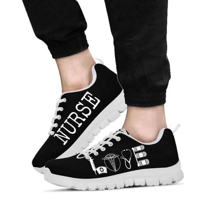 Nurse- Love All Black Sneakers, Running Shoes, Shoes For Women, Shoes For Men, Custom Shoes,- Love Sneakers