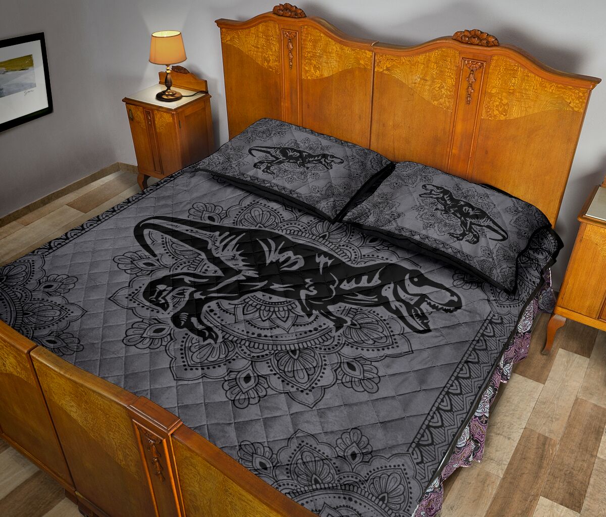 Dinosaur Mandala Grey Quilt Bed Set - Love Quilt Bedding Set