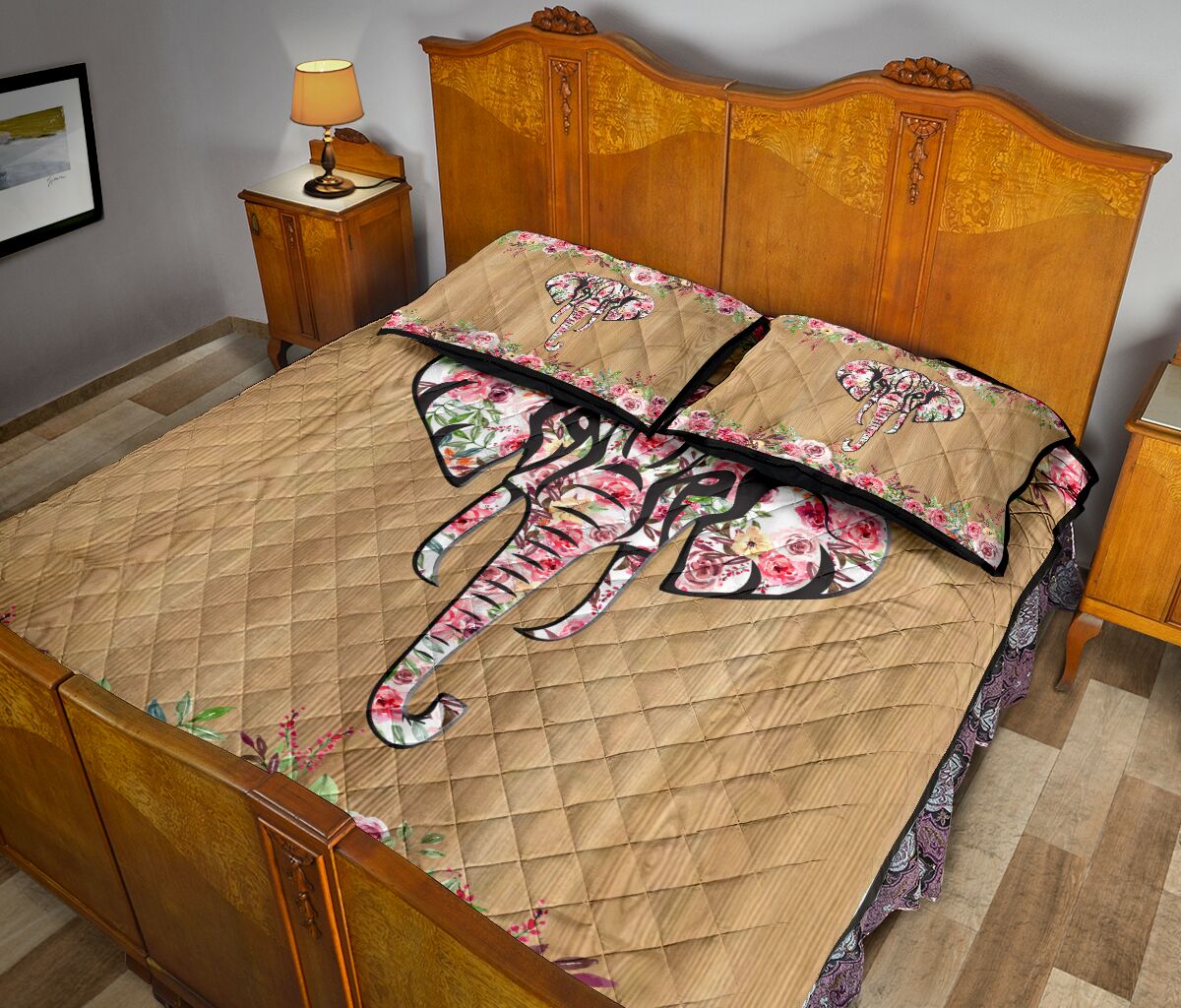 Elephant Flower Wood Style Quilt Bed Set - Love Quilt Bedding Set