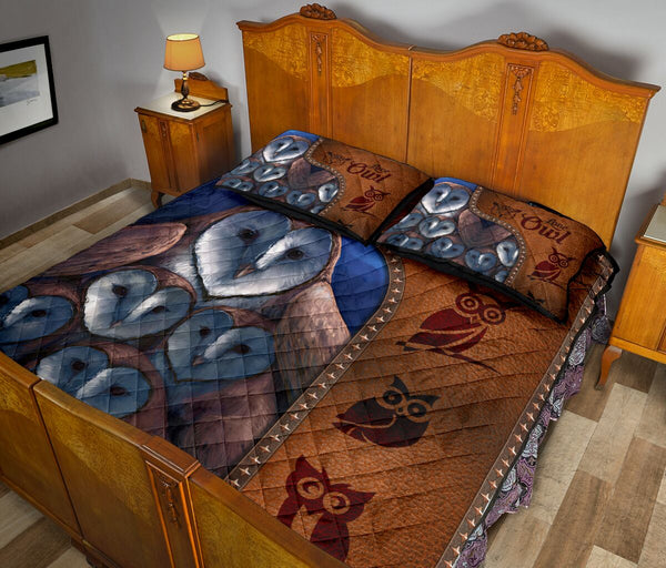 Owl Art Leather Style Quilt Bed Set - Love Quilt Bedding Set