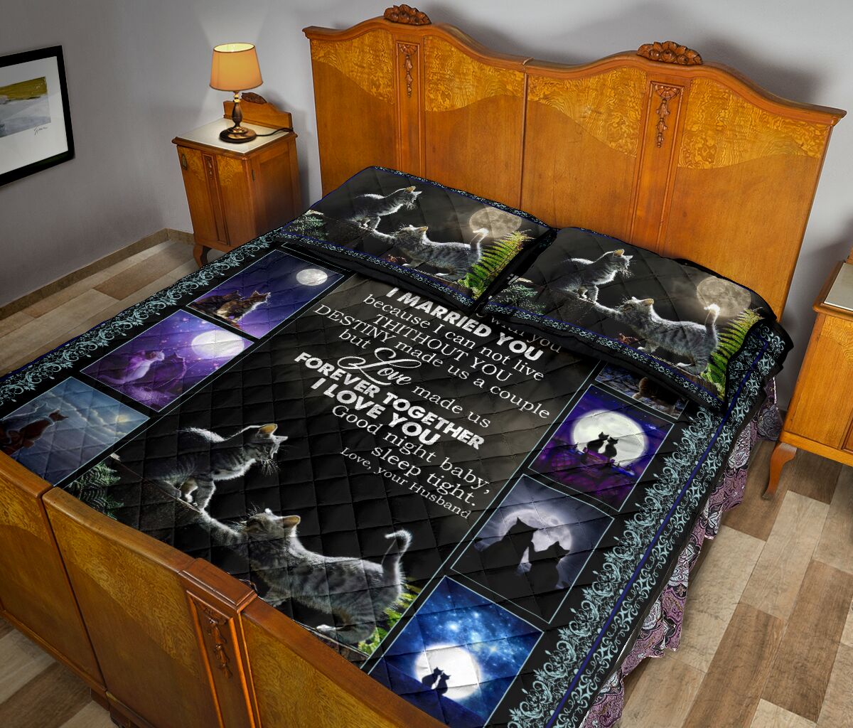 Cat Love Dark Moon Quilt Bed Set - Love Quilt Bedding Set