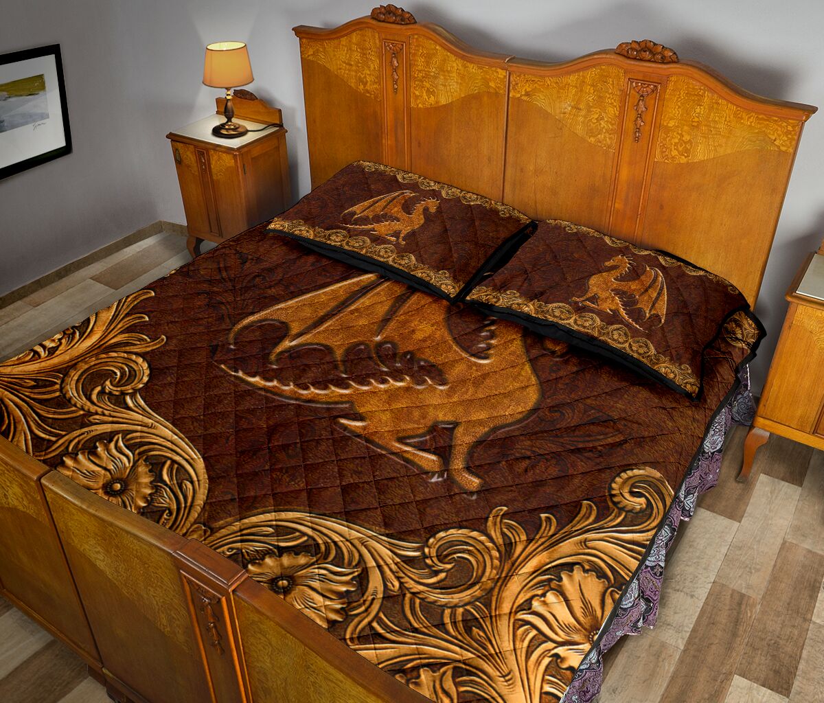 Dragon Leather Carving Style Quilt Bed Set 8- Love Quilt Bedding Set