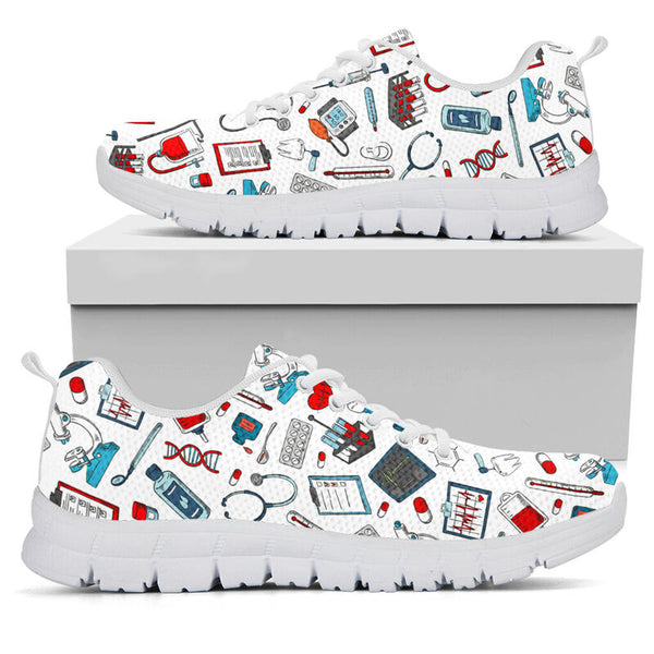 Nurse Pattern White Sneakers, Running Shoes, Shoes For Women, Shoes For Men, Custom Shoes, L- Love Sneakers