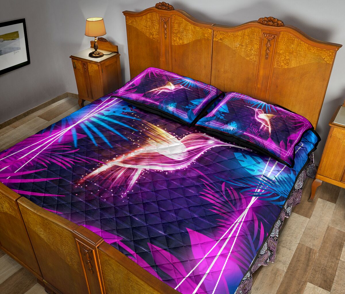 Hummingbird Neon Art Style Quilt Bed Set - Love Quilt Bedding Set