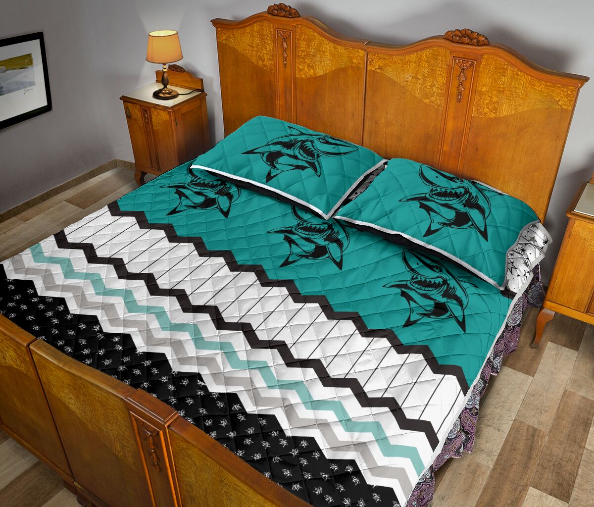 Shark Footprint Pattern Quilt Bed Set - Love Quilt Bedding Set