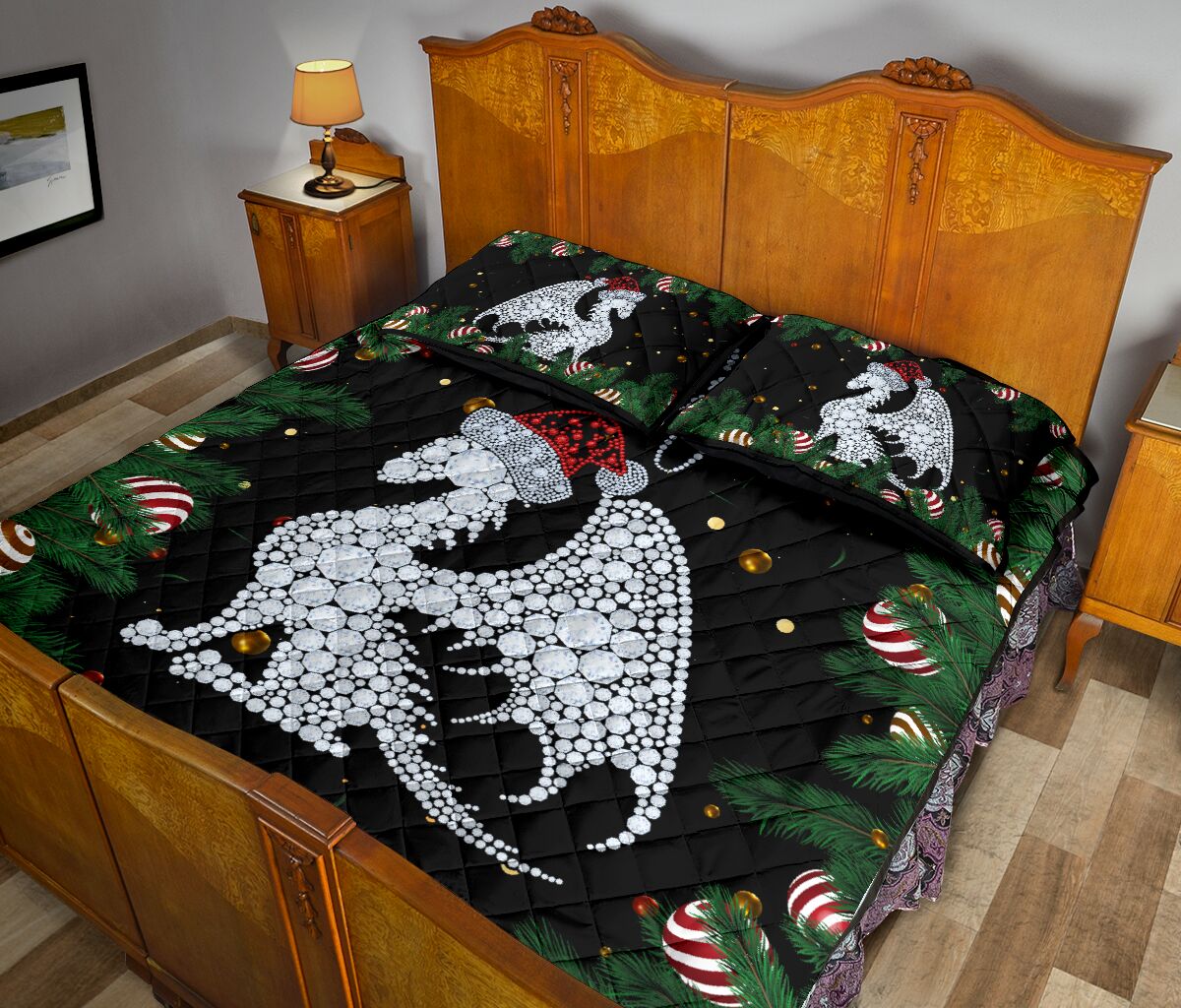 Dragon Diamond Hat Santa Backgroud Christmas Quilt Bed Set- Love Quilt Bedding Set