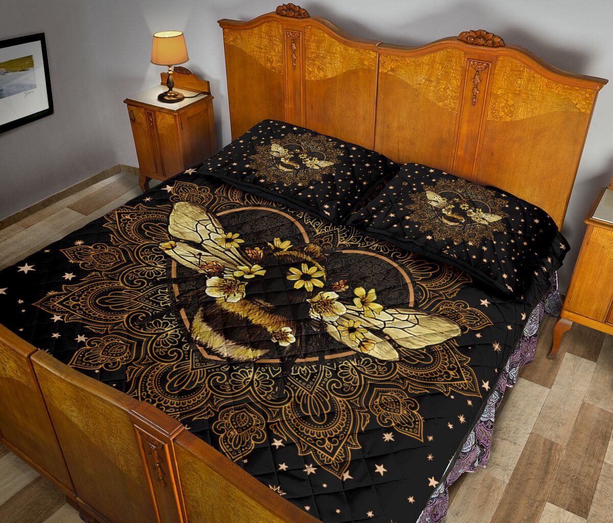 Bee Mandala Gold Art Style Quilt Bed Set - Love Quilt Bedding Set