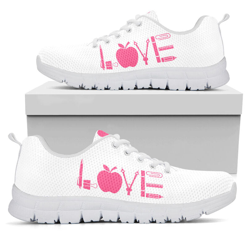 Teacher Love Pink White Shoes Sneakers, Runni- Love Sneakers