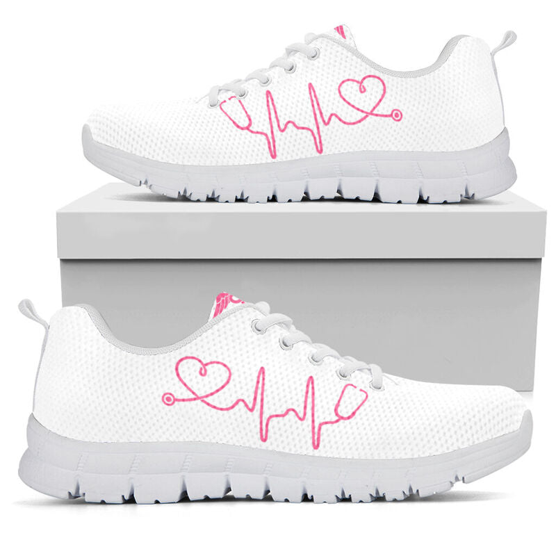 Nurse Heart Beat Pink White Sneakers, Running Shoes, Shoes For Women, Shoes For Men, Custom - Love Sneakers