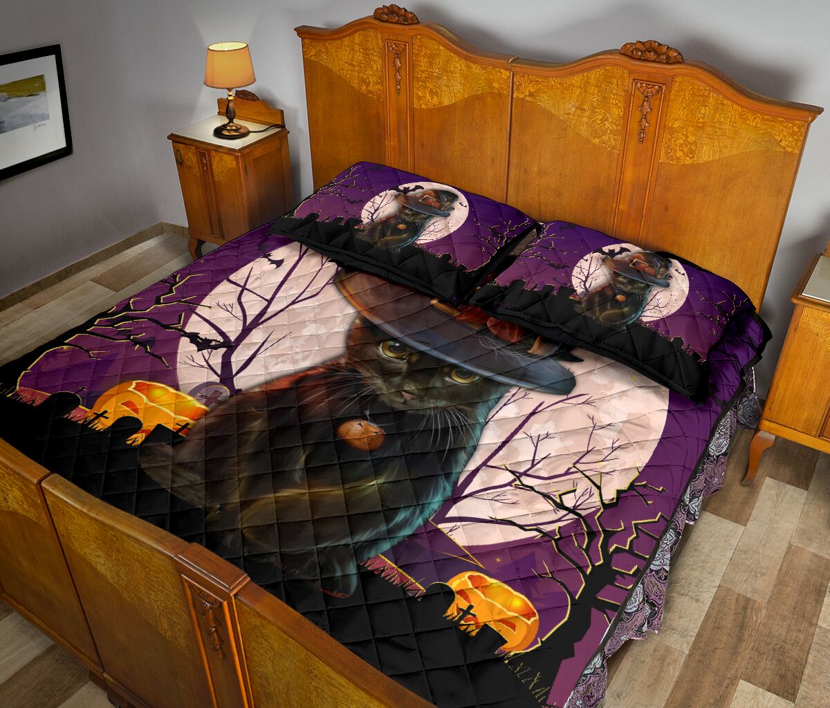 Cat Halloween Art Style Quilt Bed Set - Love Quilt Bedding Set