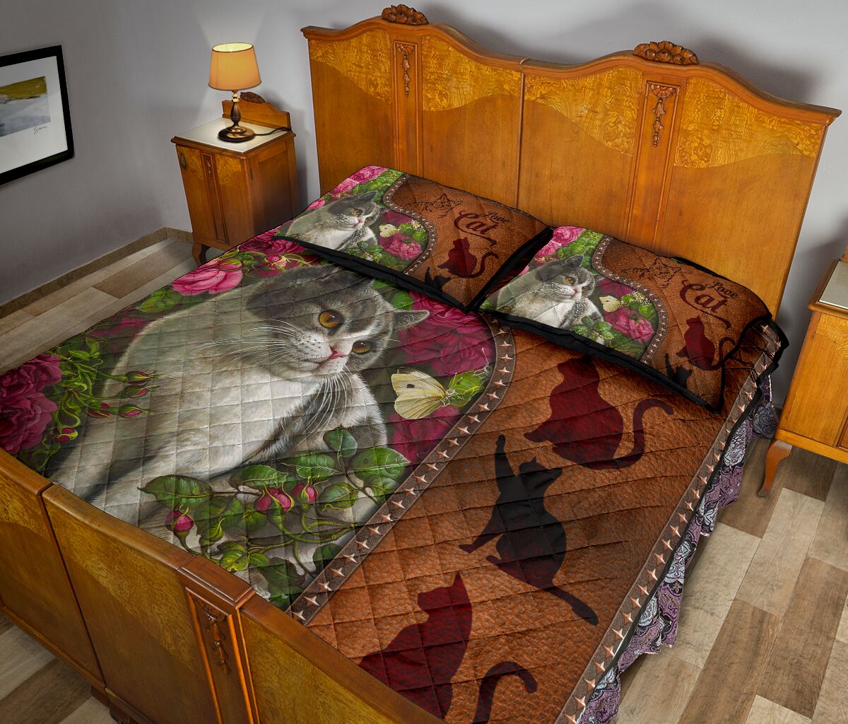 Cat Art Leather Style Quilt Bed Set - Love Quilt Bedding Set