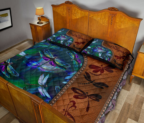 Dragonfly Art Leather Style Quilt Bed Set - Love Quilt Bedding Set