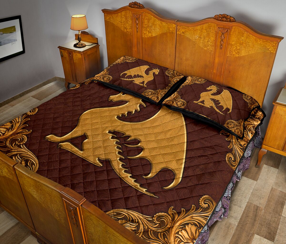 Dragon Leather Carving Style Quilt Bed Set - Love Quilt Bedding Set
