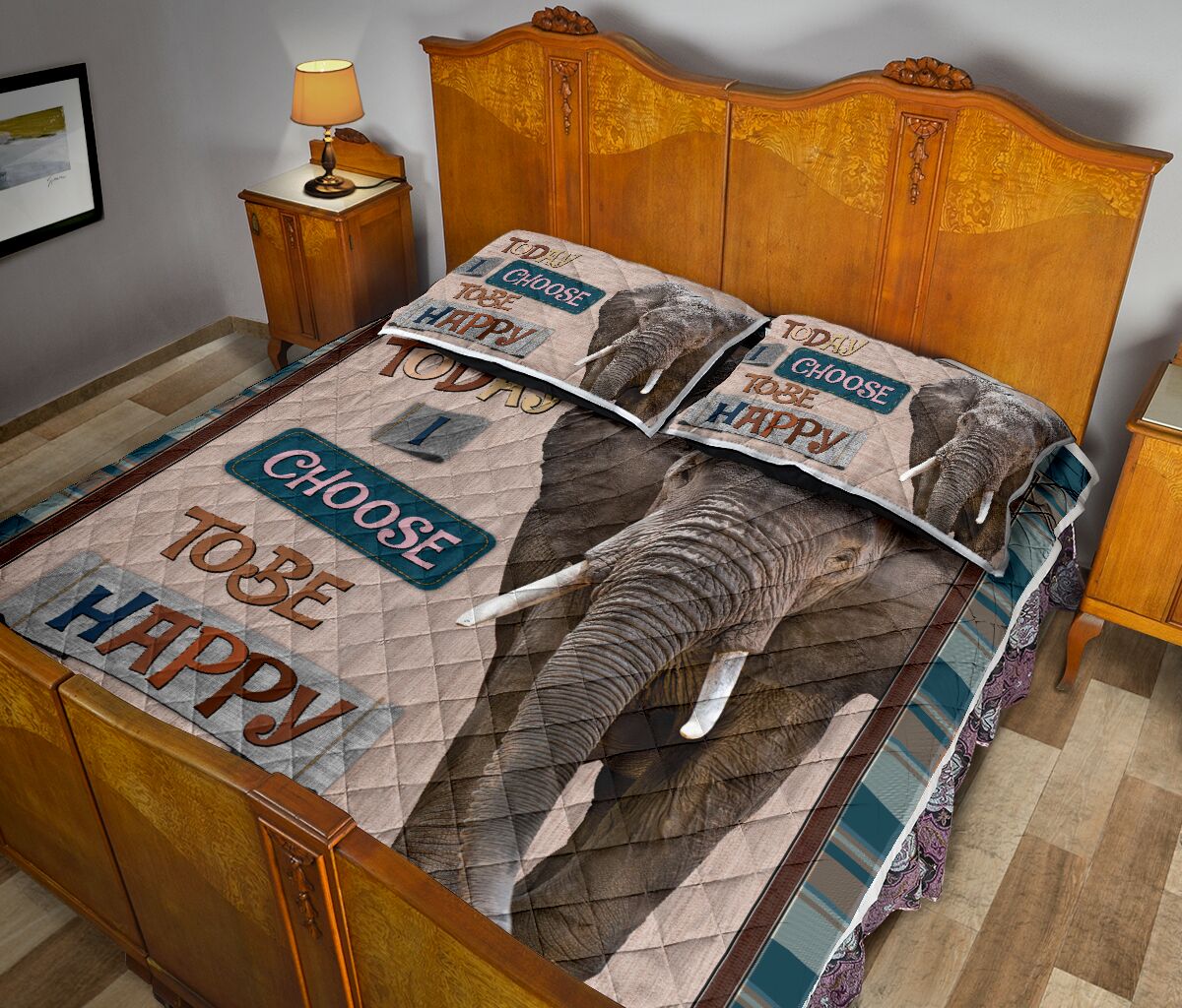 Elephant Today I Choose Tobe Happy Quilt Bed Set - Love Quilt Bedding Set