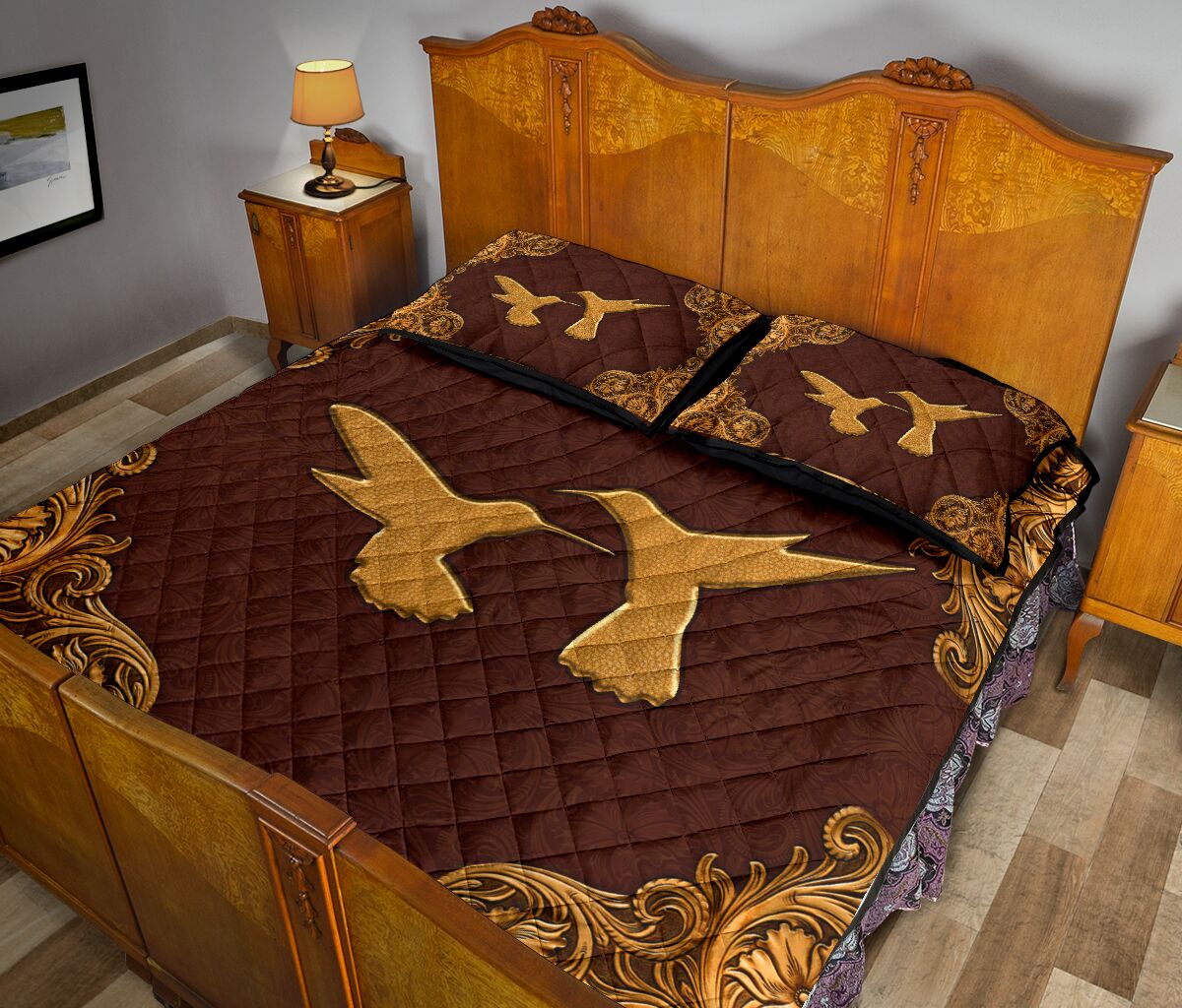 Humingbird Flying Leather Carving Style Quilt Bed Set - Love Quilt Bedding Set