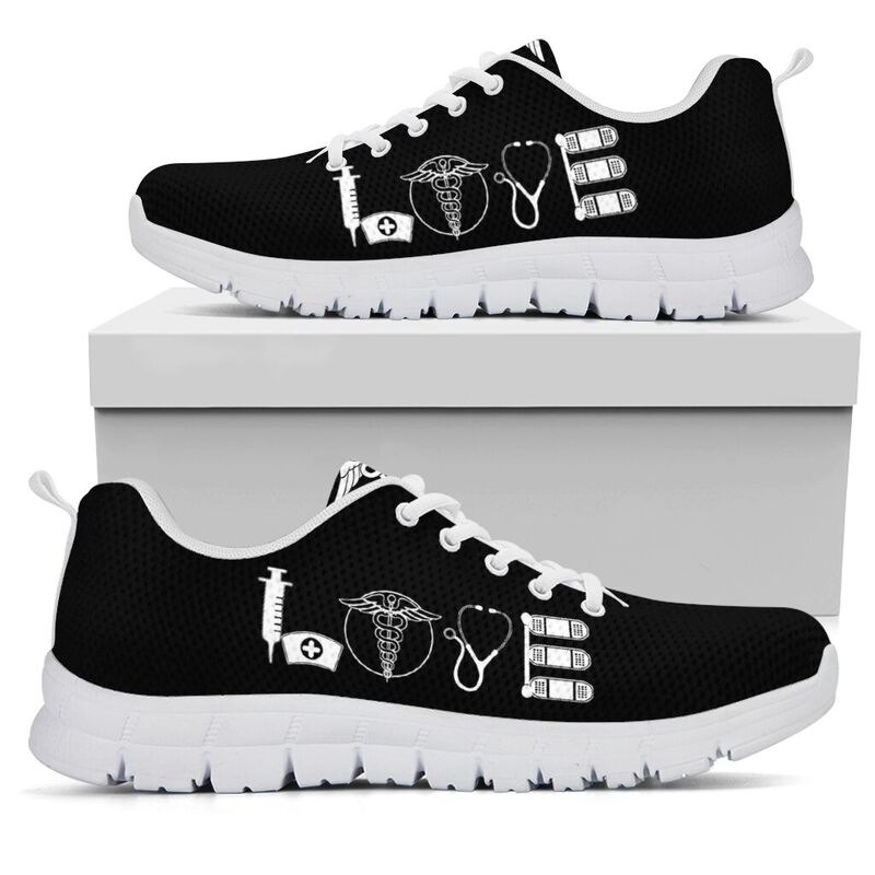 Nurse- Love All Black Sneakers, Running Shoes, Shoes For Women, Shoes For Men, Custom Shoes,- Love Sneakers