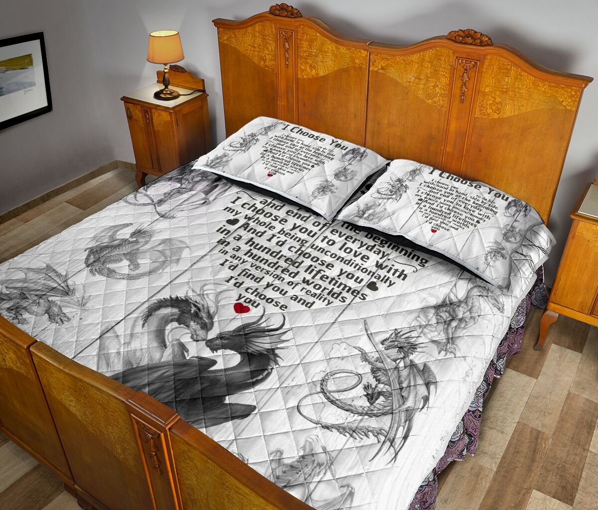 Dragon Heart I Choose You Quotes Drawn Style Quilt Bed Set- Love Quilt Bedding Set