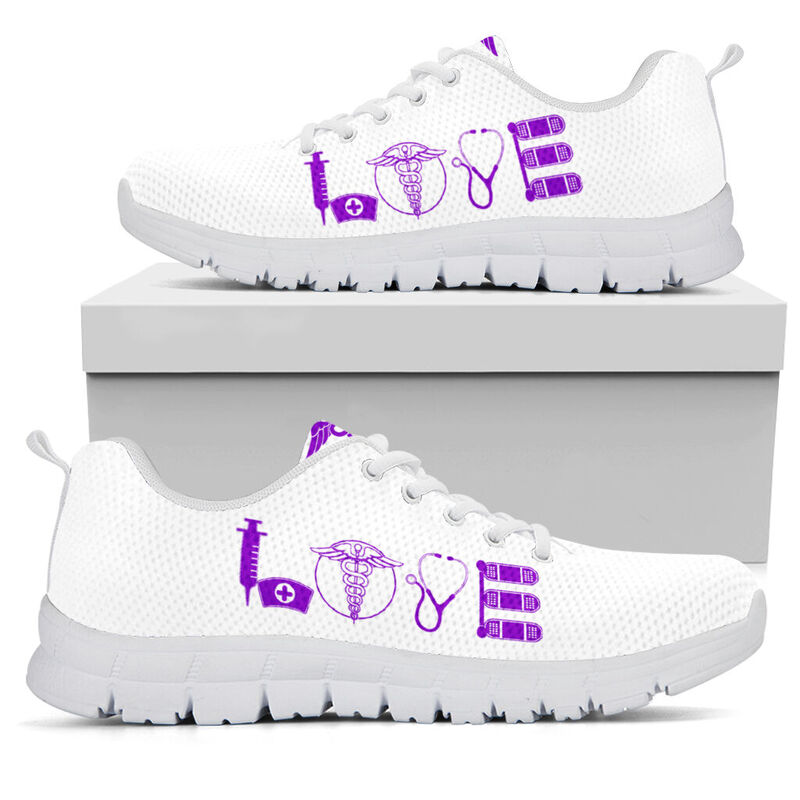 Nurse- Love Purple White Sneakers, Running Shoes, Shoes For Women, Shoes For Men, Custom Sh- Love Sneakers
