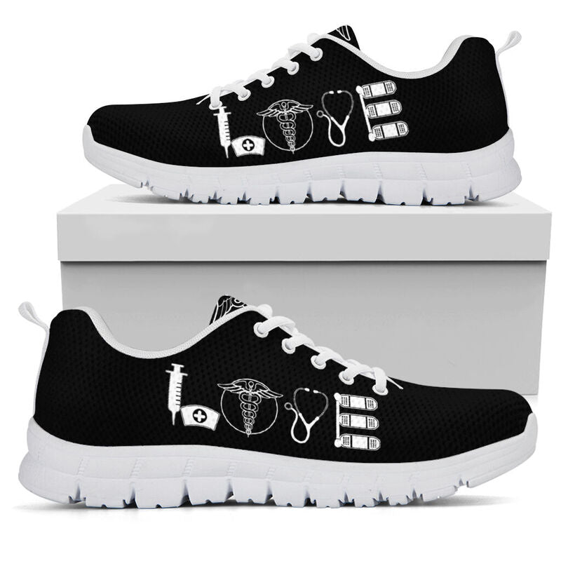 Nurse- Love Black White Sneakers, Running Shoes, Shoes For Women, Shoes For Men, Custom Shoe- Love Sneakers