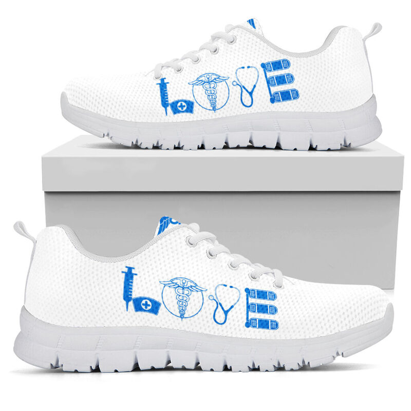 Nurse- Love Blue White Sneakers, Running Shoes, Shoes For Women, Shoes For Men, Custom Shoes- Love Sneakers