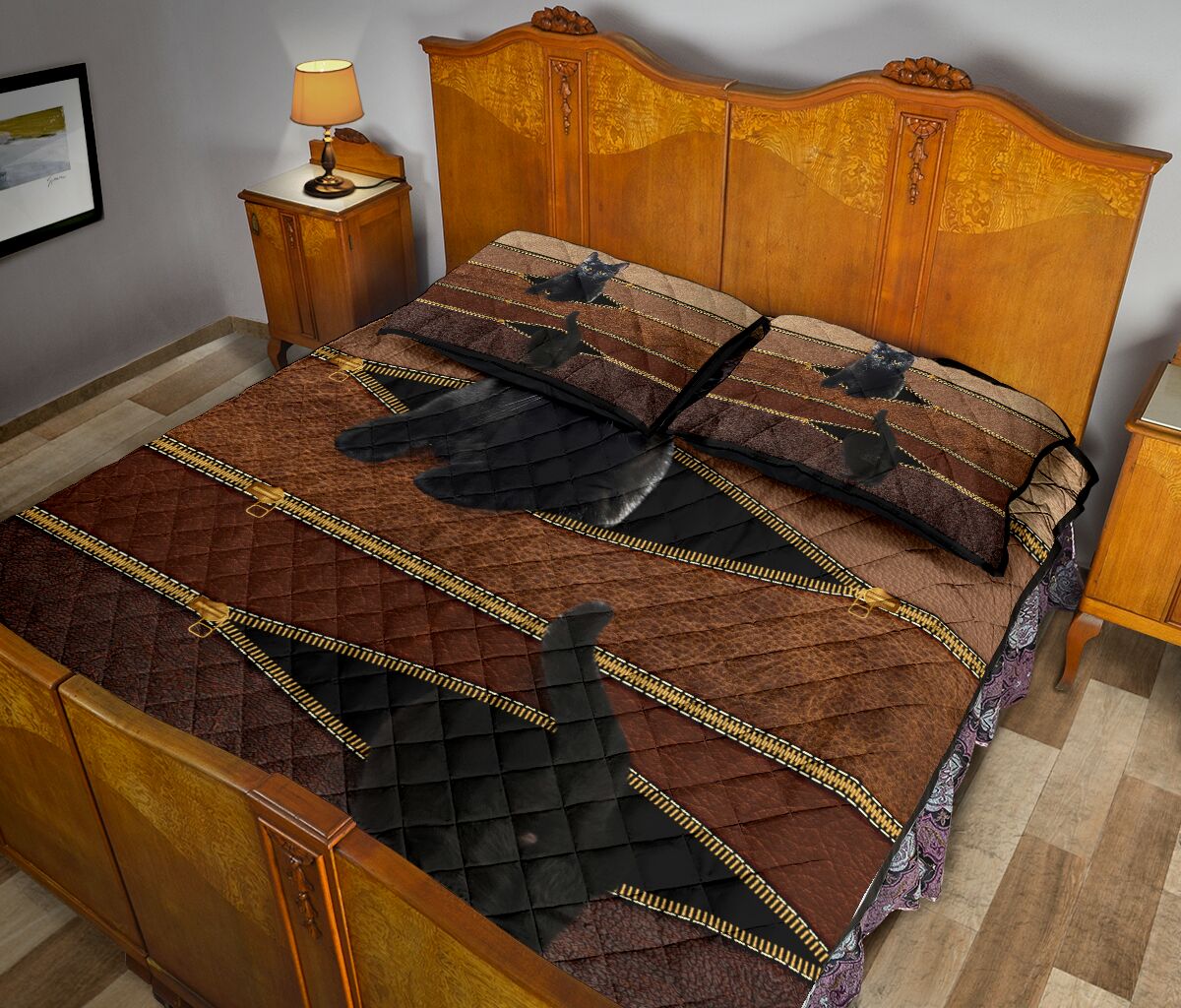 Cat Black Zipper Leather Quilt Bed Set- Love Quilt Bedding Set