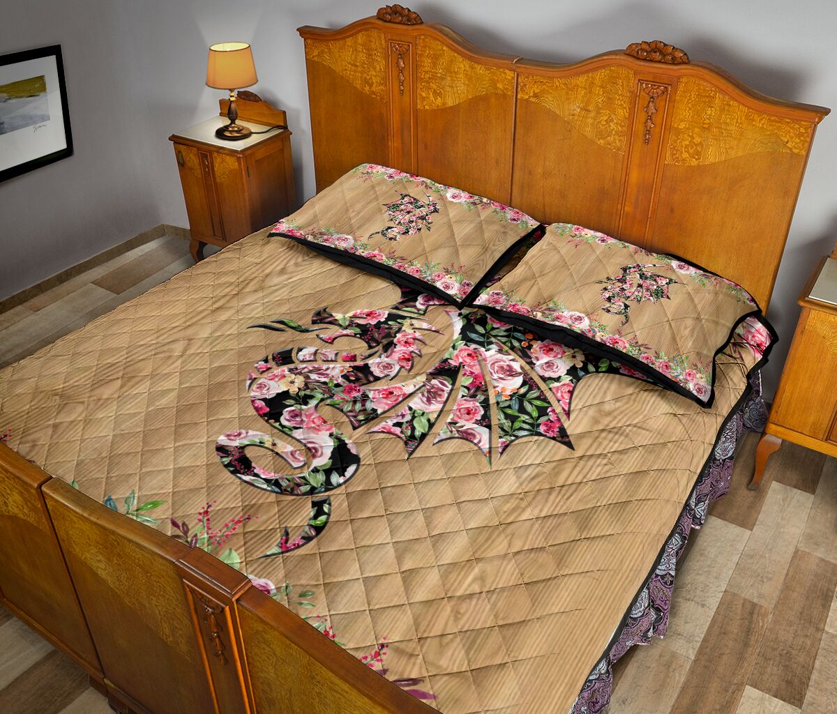Dragon Flower Wood Style Quilt Bed Set- Love Quilt Bedding Set
