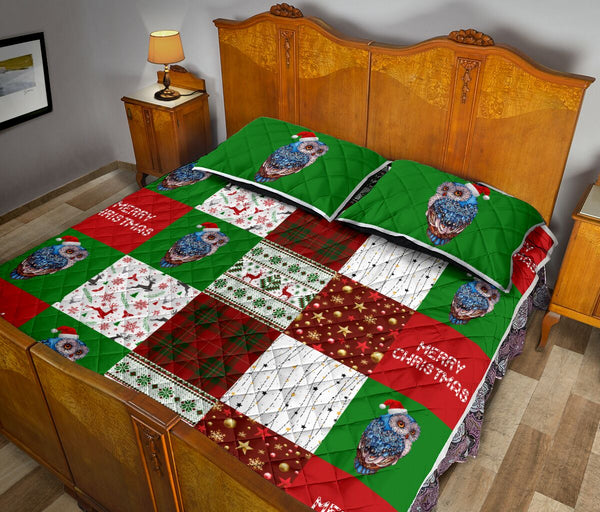 Owl Merry Christmas Pattern Style Quilt Bed Set - Love Quilt Bedding Set