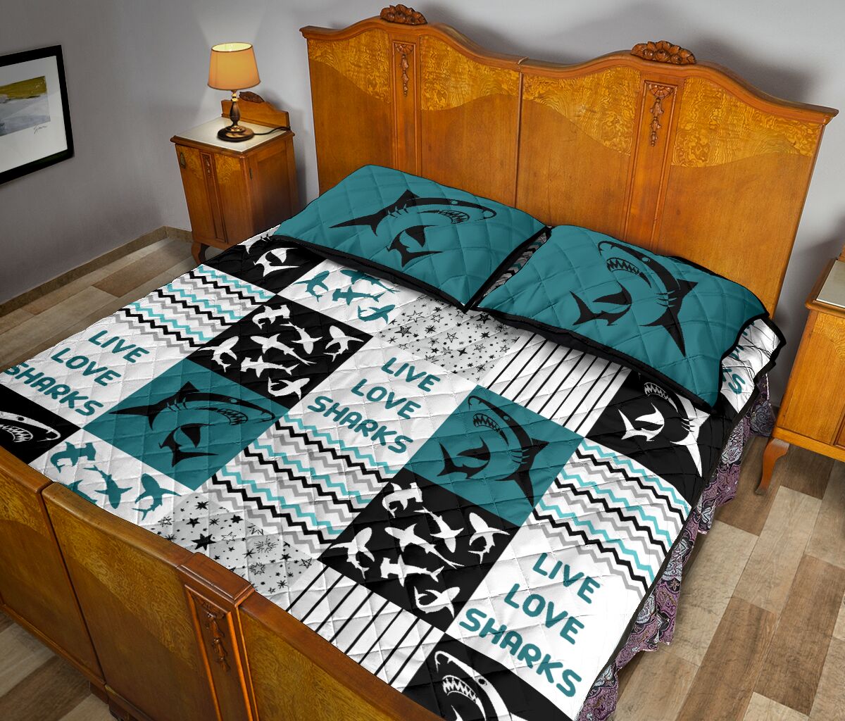 Live Love Sharks Pattern Quilt Bed Set - Love Quilt Bedding Set