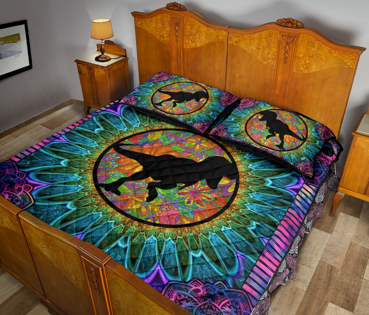 Dinosaur Hippie Style Quilt Bed Set - Love Quilt Bedding Set