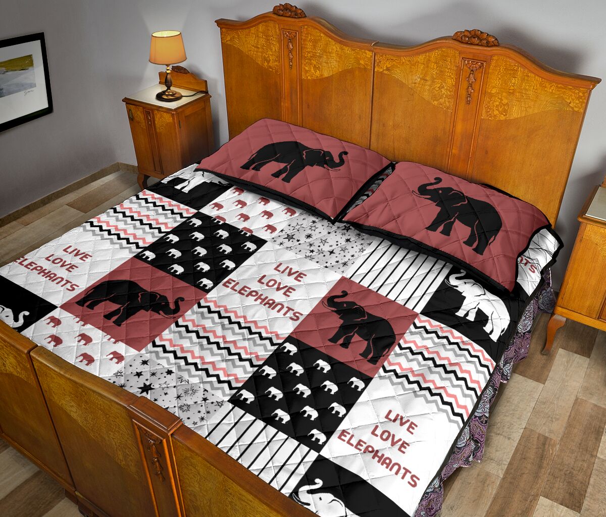 Live Love Elephants Pattern Quilt Bed Set - Love Quilt Bedding Set