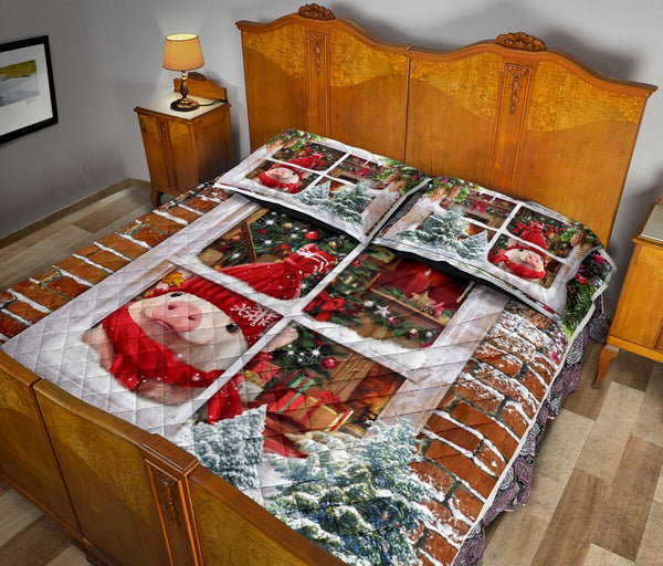 Pig Snow Christmas Window Art Style Quilt Bed Set- Love Quilt Bedding Set