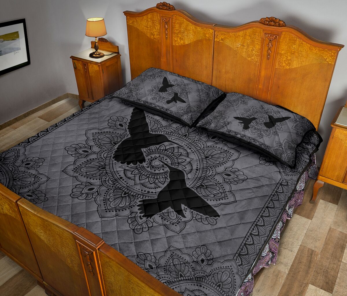 Humming Bird Mandala Grey Quilt Bed Set - Love Quilt Bedding Set