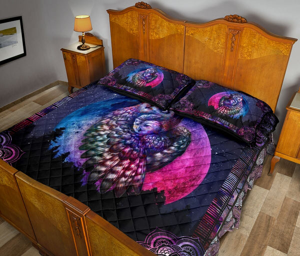 Owl Drawn Galaxy Mandala Flower Style Quilt Bed Set - Love Quilt Bedding Set