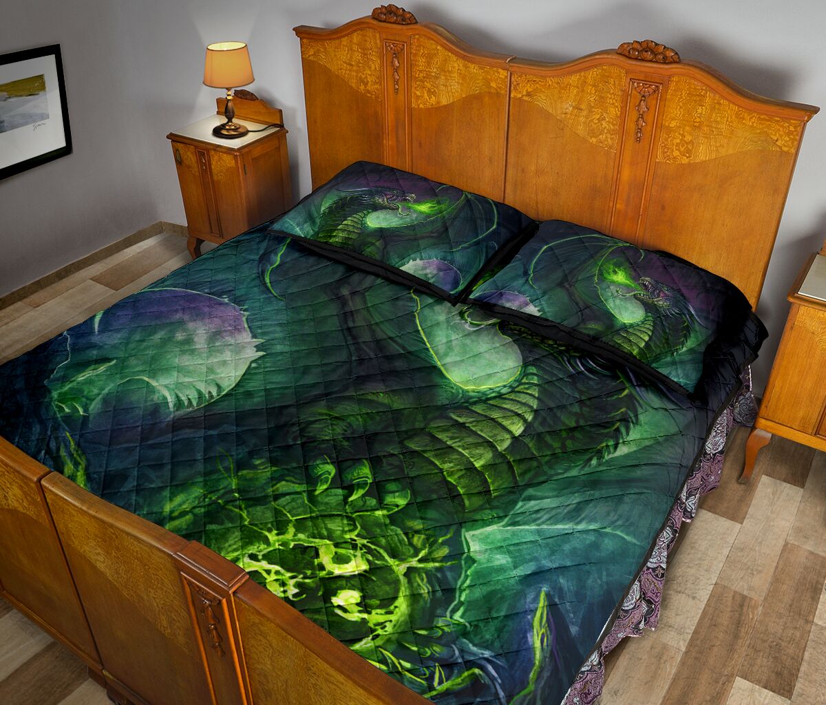 Dragon Fire Green Moutain Art Style Quilt Bed Set - Love Quilt Bedding Set