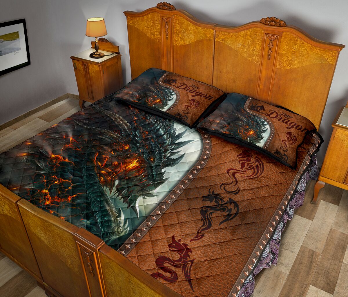 Dragon Art Leather Style Quilt Bed Set - Love Quilt Bedding Set