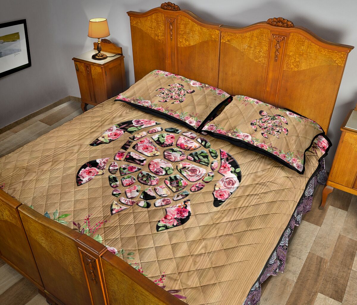 Turtle Flower Wood Style Quilt Bed Set - Love Quilt Bedding Set