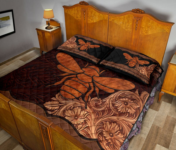 Bee Carving Leather Skin Style Quilt Bed Set - Love Quilt Bedding Set