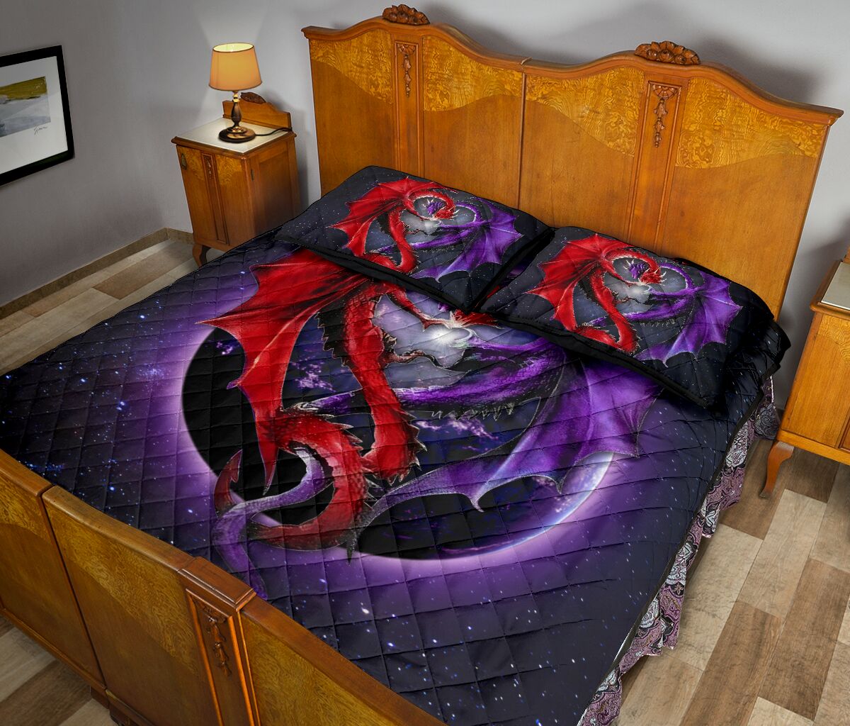 Dragon Red And Purple Light Art Style Quilt Bed Set - Love Quilt Bedding Set