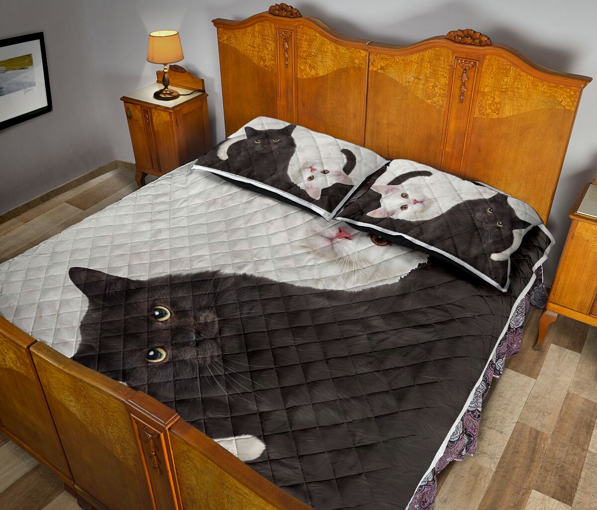 Cat Ying Yang White And Black Feather Style Quilt Bed Set- Love Quilt Bedding Set