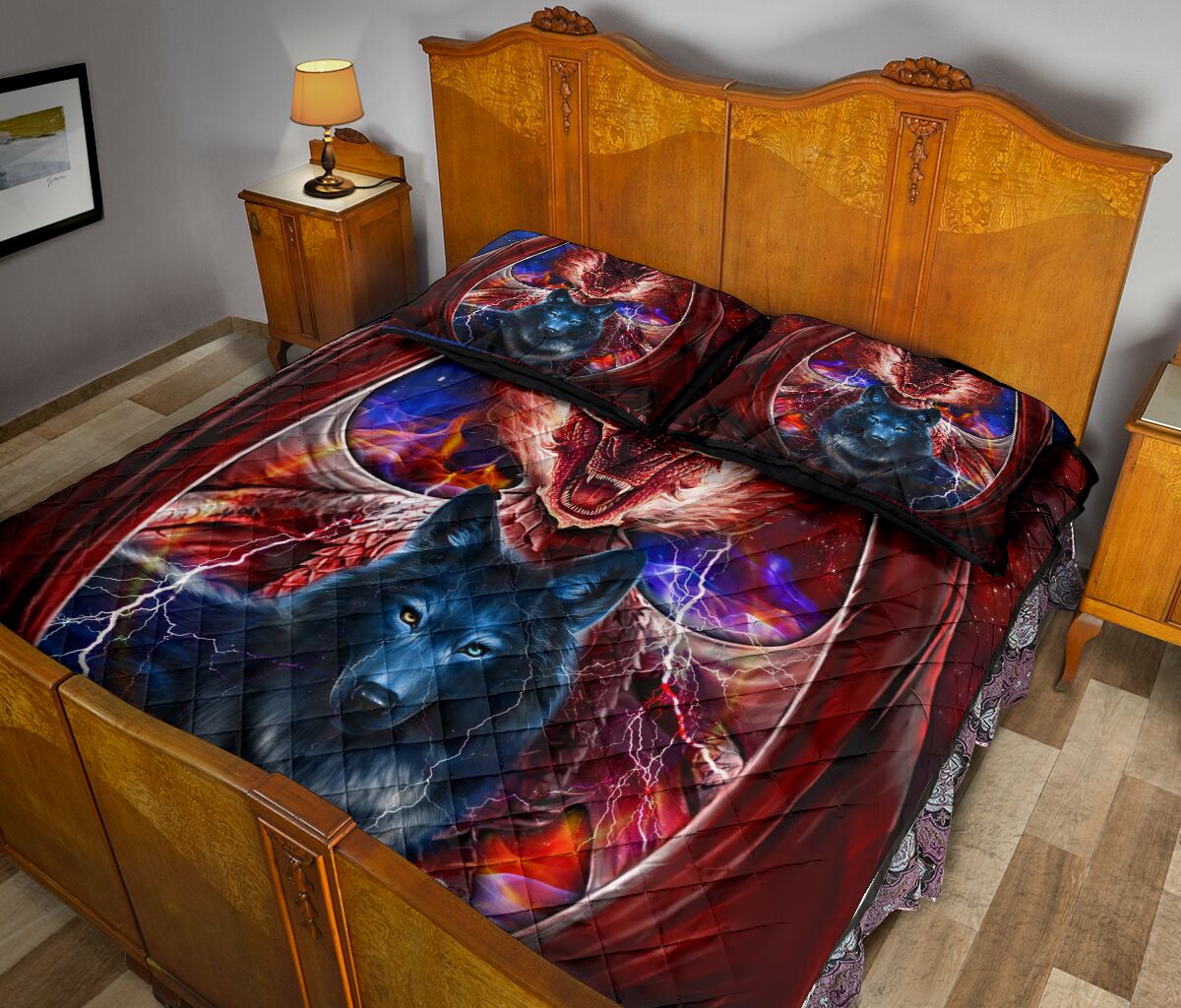 Dragon Fire And Wolf Galaxy Light Style Quilt Bed Set - Love Quilt Bedding Set