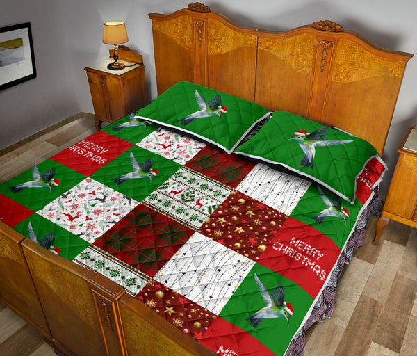 Hummingbird Merry Christmas Pattern Style Quilt Bed Set - Love Quilt Bedding Set