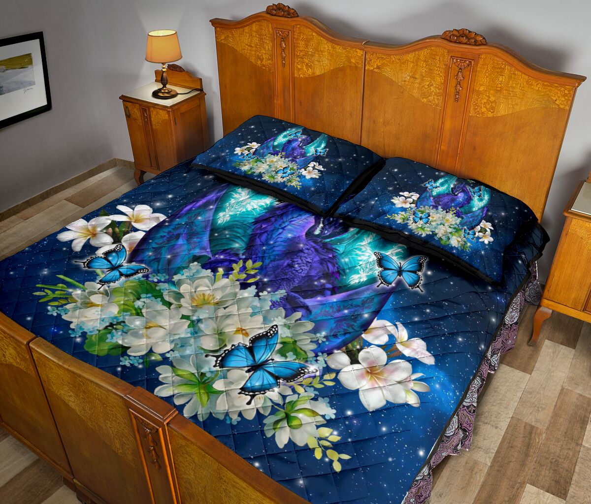 Dragon Blue Floral Blue Style Quilt Bed Set - Love Quilt Bedding Set