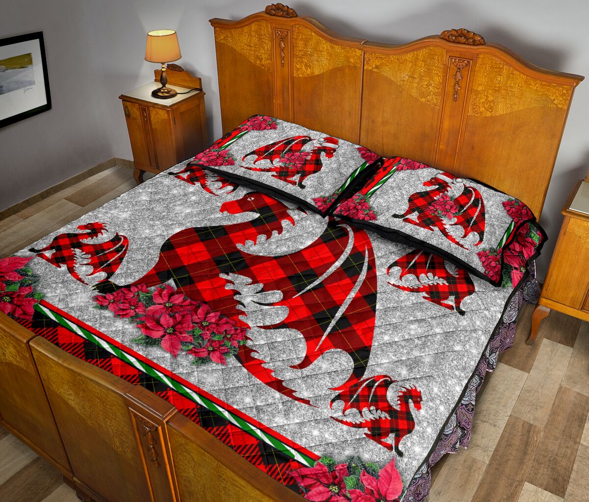 Dragon Christmas Faux Glitter Print Quilt Bed Set - Love Quilt Bedding Set