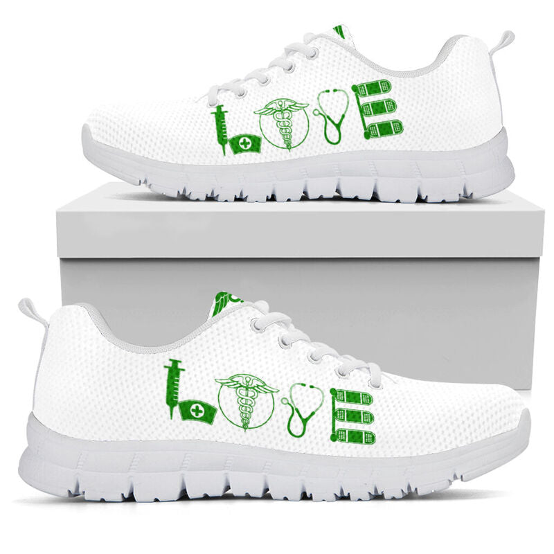 Nurse- Love Green White Sneakers, Running Shoes, Shoes For Women, Shoes For Men, Custom Shoe- Love Sneakers