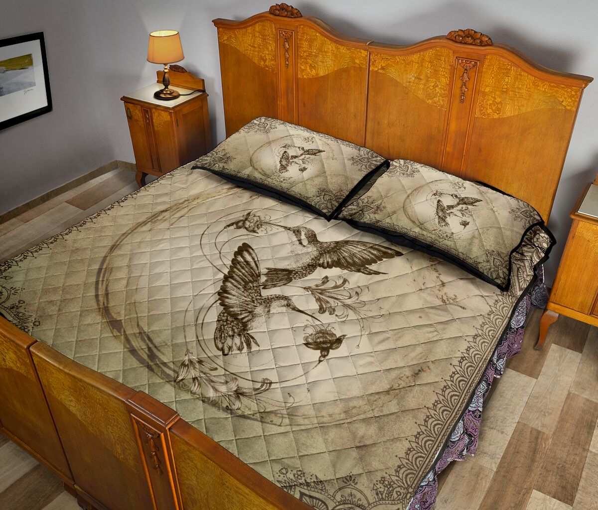Humming Bird Pencil Drawing Style Quilt Bed Set - Love Quilt Bedding Set