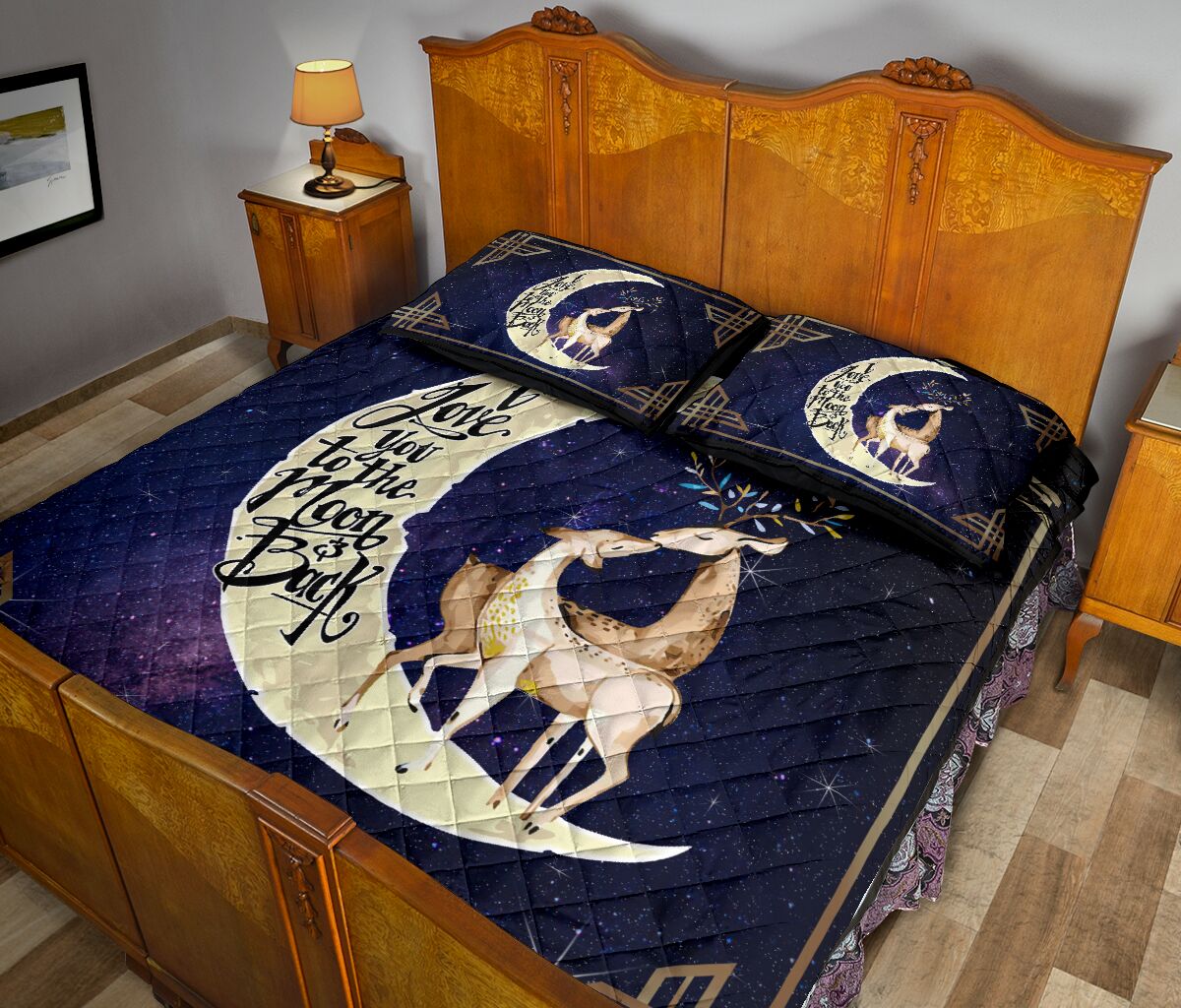 Deer I Love You To The Moon And Back Quilt Bed Set- Love Quilt Bedding Set