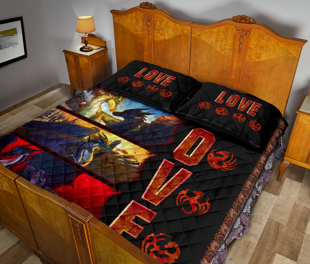 Dragon Fire Art Style Quilt Bed Set - Love Quilt Bedding Set
