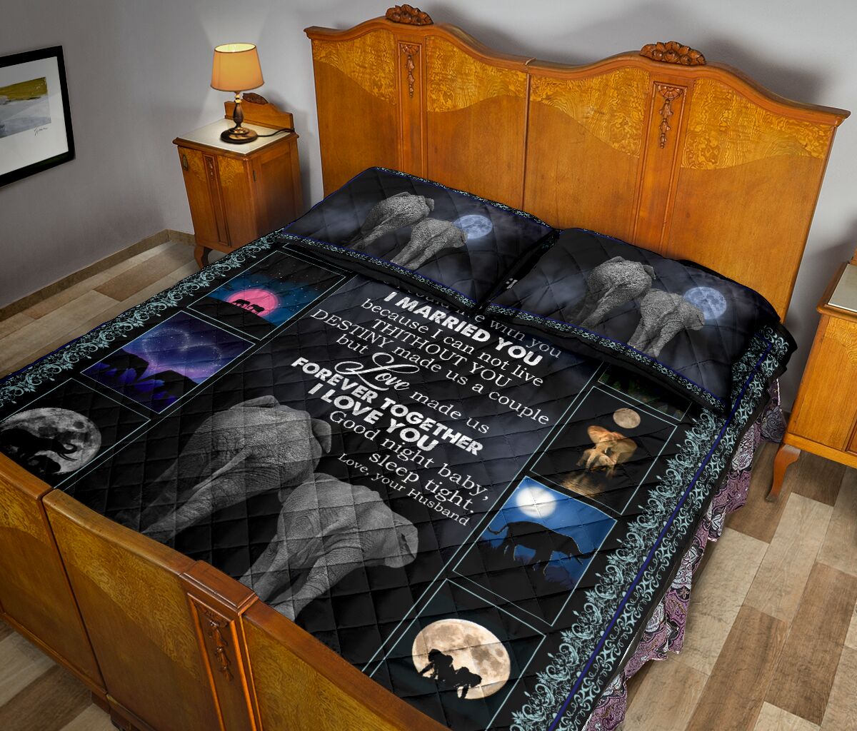 Elephant Love Dark Moon Quilt Bed Set - Love Quilt Bedding Set